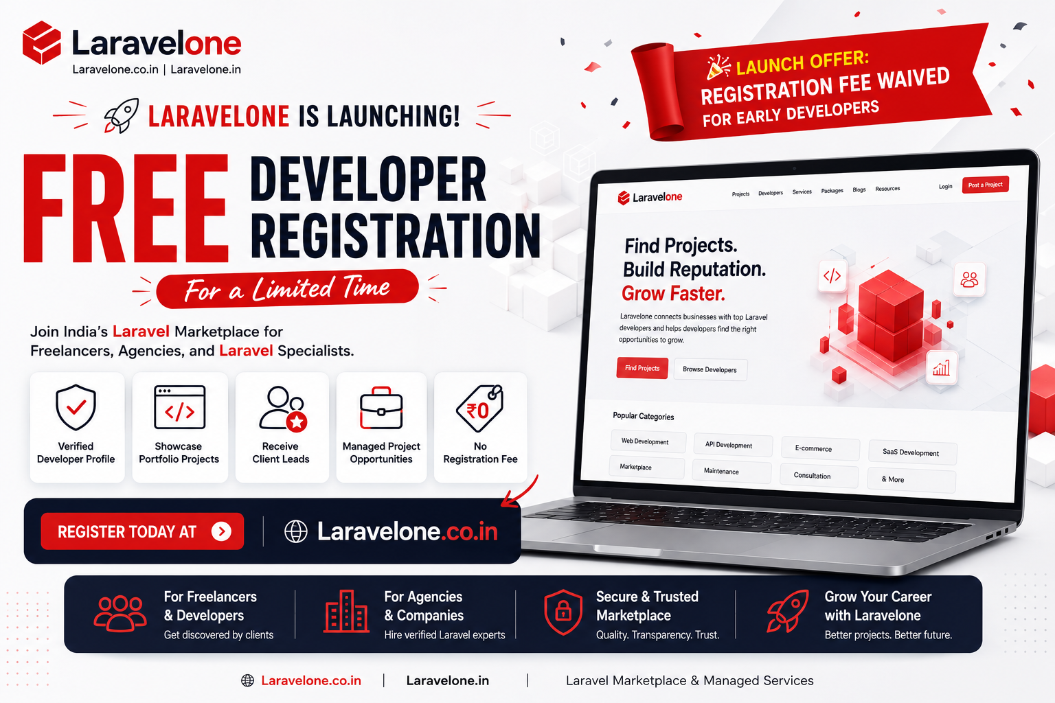 Laravelone developer registration drive banner with free registration offer